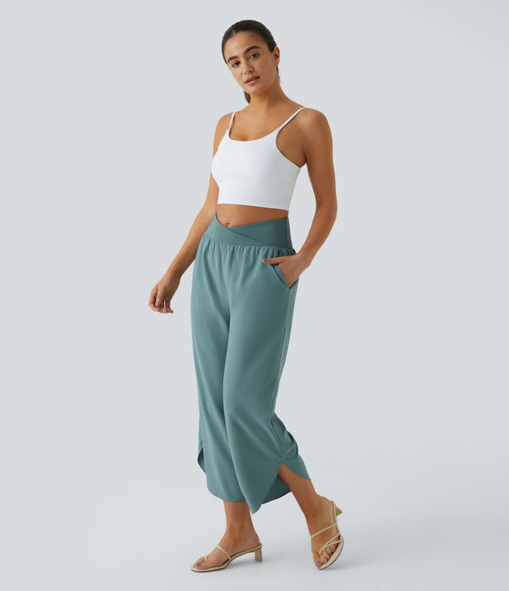 Breezeful | High Waisted Crossover Side Pocket Split Quick Dry Resort Pants
