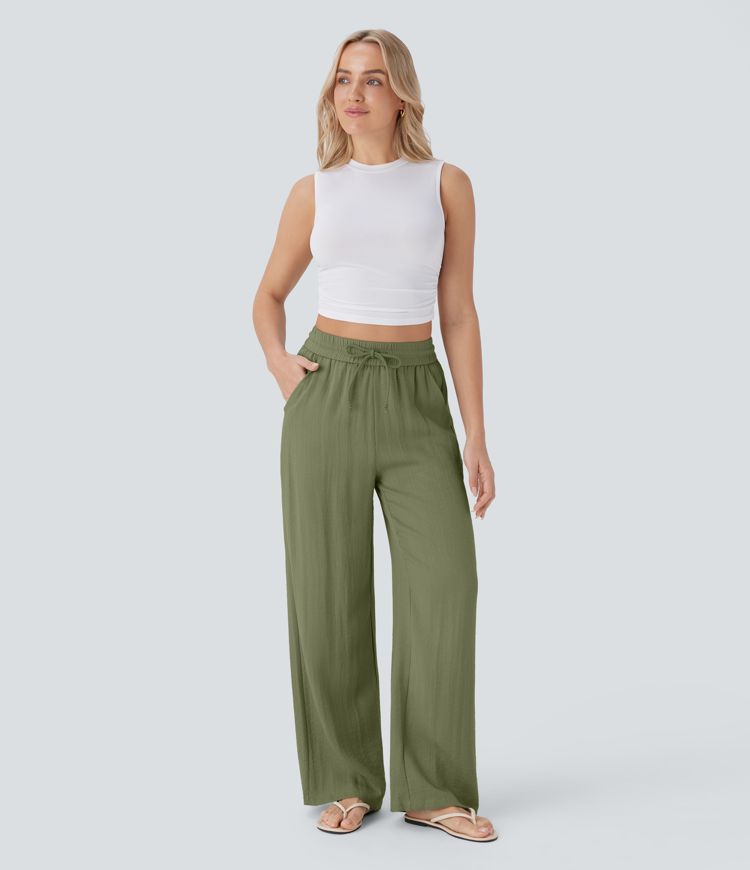 High Waisted Drawstring Pocket Wide Leg Casual Linen-Feel Pants