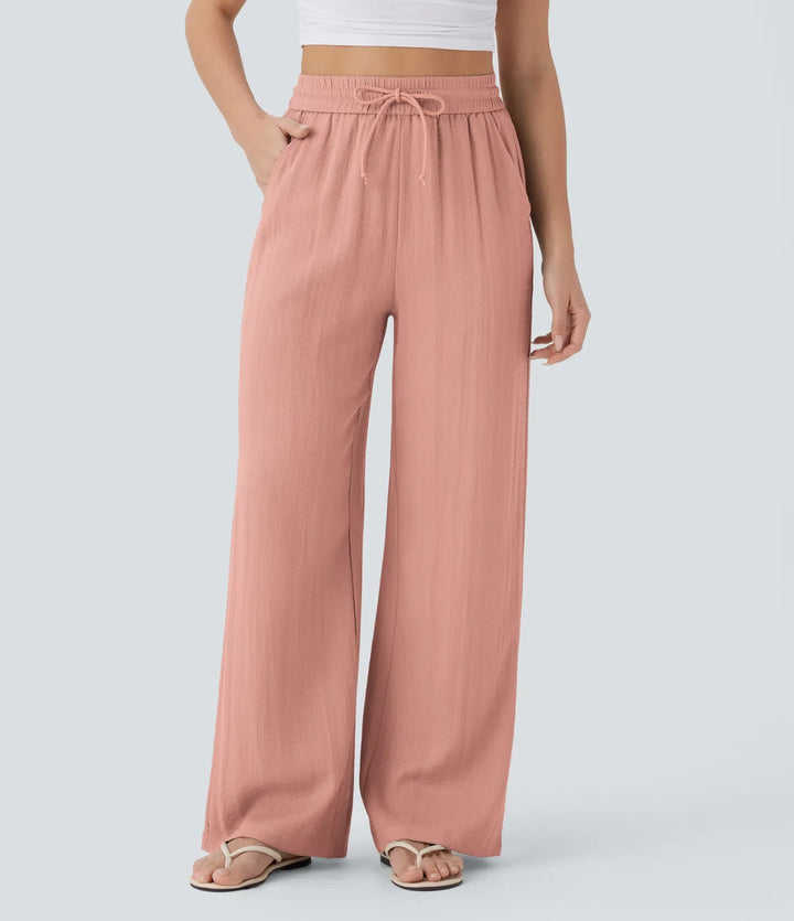High Waisted Drawstring Pocket Wide Leg Casual Linen-Feel Pants