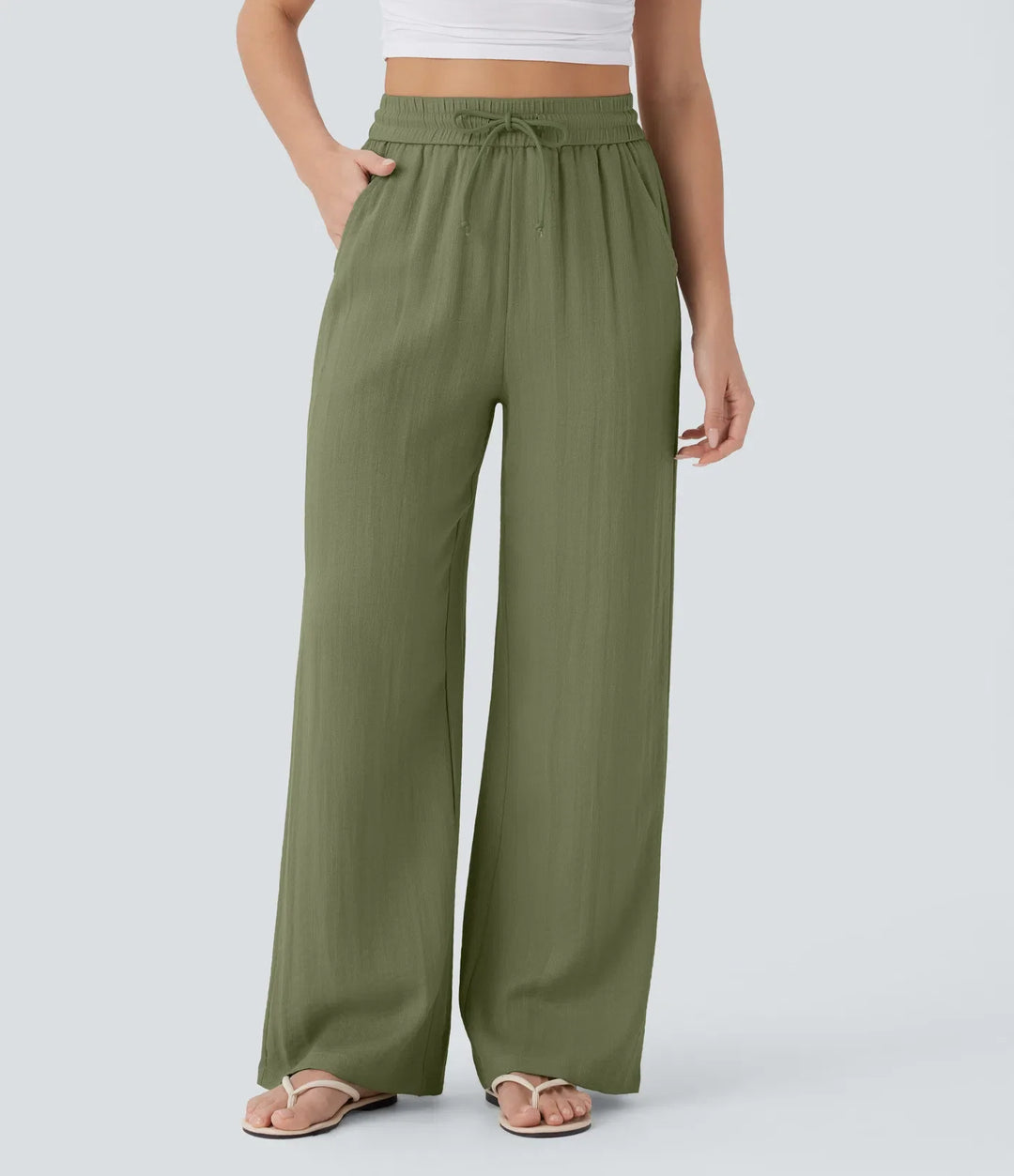 High Waisted Drawstring Pocket Wide Leg Casual Linen-Feel Pants