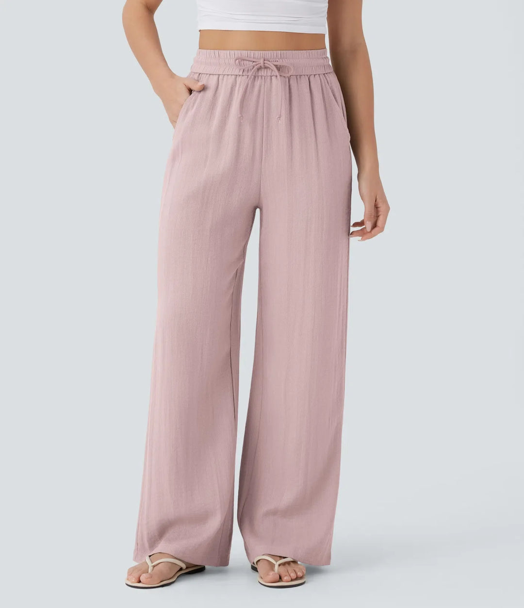High Waisted Drawstring Pocket Wide Leg Casual Linen-Feel Pants
