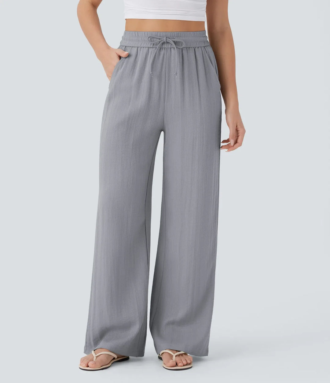 High Waisted Drawstring Pocket Wide Leg Casual Linen-Feel Pants