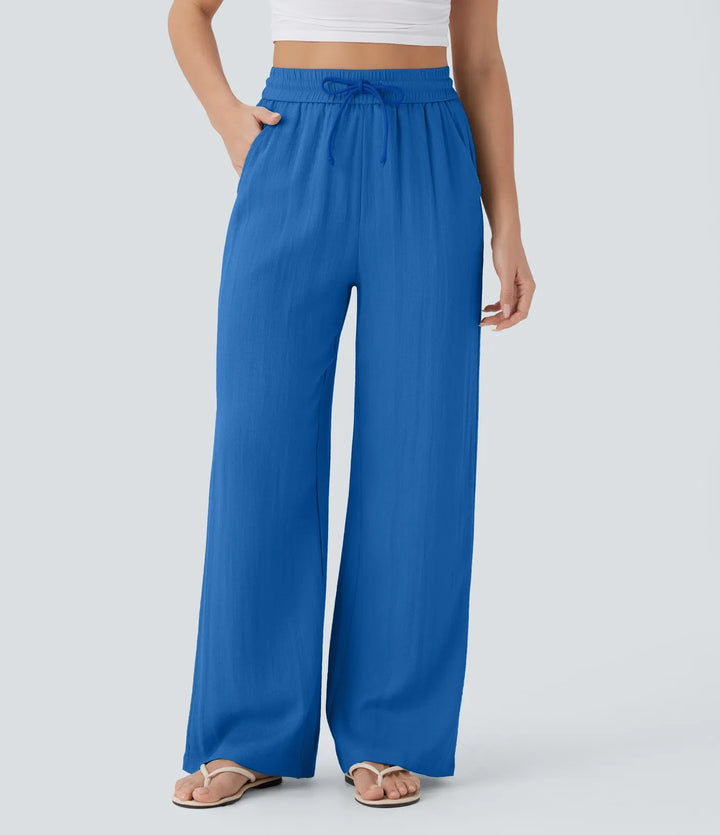 High Waisted Drawstring Pocket Wide Leg Casual Linen-Feel Pants
