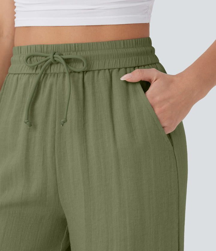 High Waisted Drawstring Pocket Wide Leg Casual Linen-Feel Pants