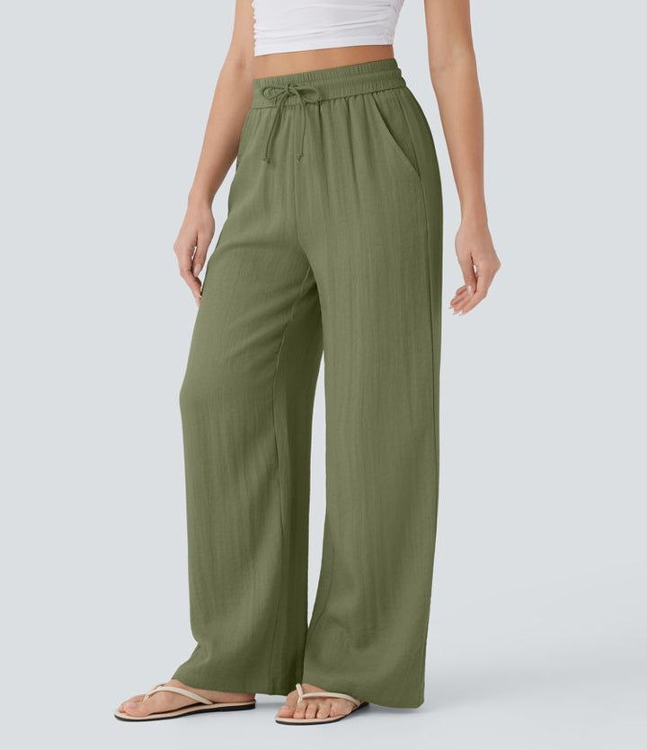 High Waisted Drawstring Pocket Wide Leg Casual Linen-Feel Pants
