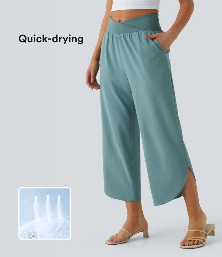 Breezeful | High Waisted Crossover Side Pocket Split Quick Dry Resort Pants