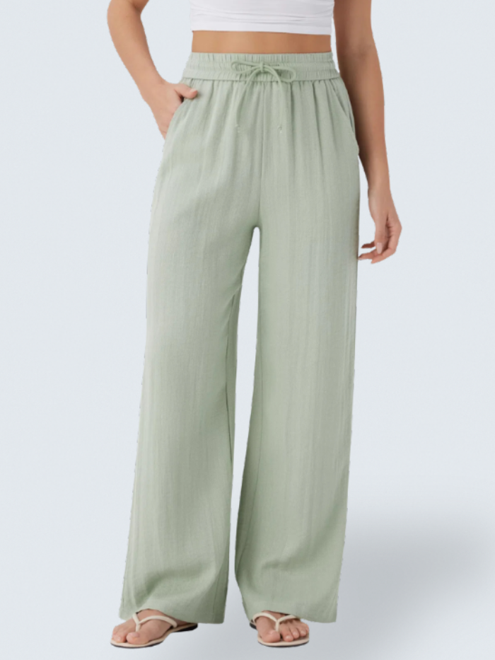 High Waisted Drawstring Pocket Wide Leg Casual Linen-Feel Pants