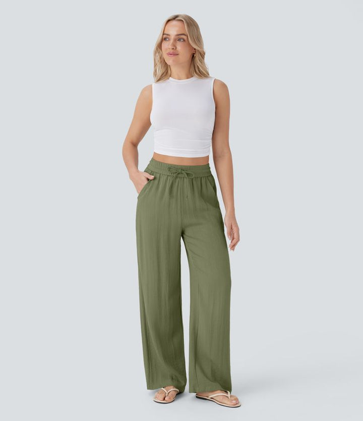High Waisted Drawstring Pocket Wide Leg Casual Linen-Feel Pants