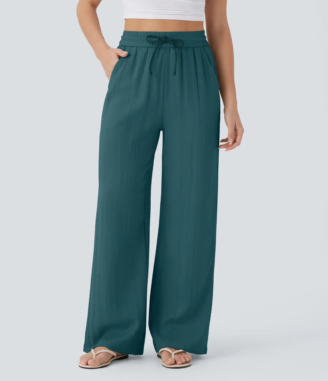 High Waisted Drawstring Pocket Wide Leg Casual Linen-Feel Pants
