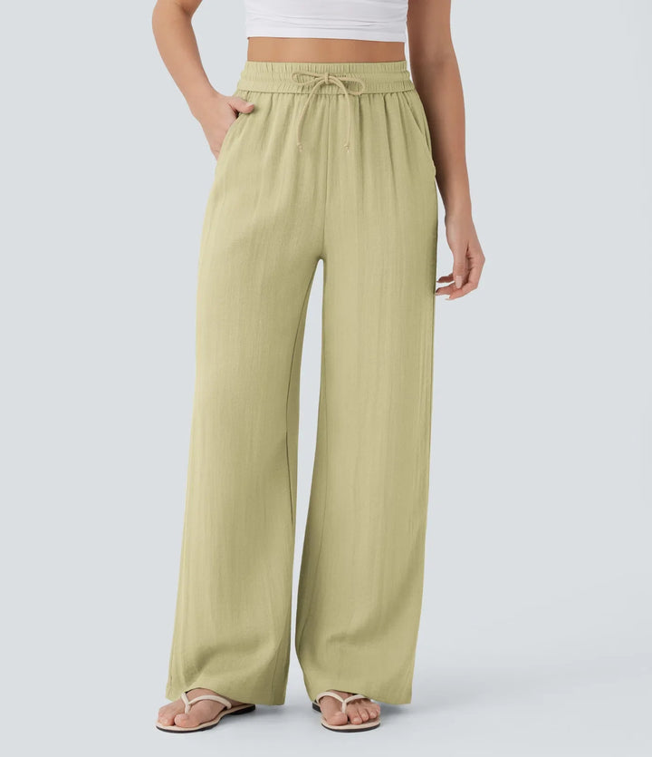 High Waisted Drawstring Pocket Wide Leg Casual Linen-Feel Pants