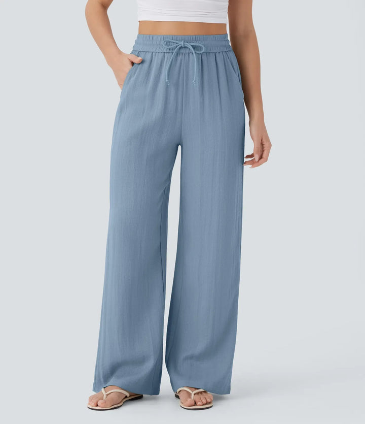 High Waisted Drawstring Pocket Wide Leg Casual Linen-Feel Pants