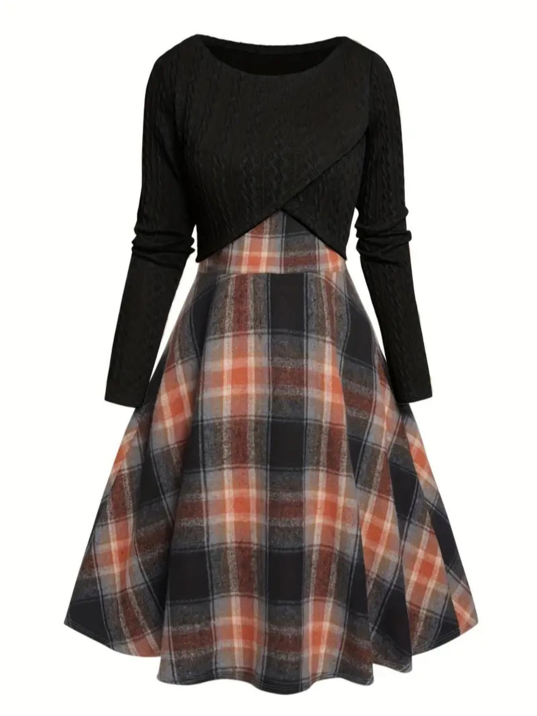 JORY™ - Vintage Round Neck Long Sleeve Crop Top and Plaid Dress