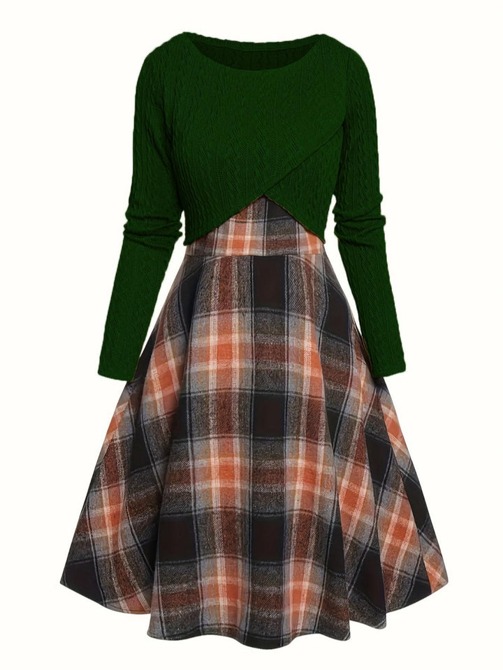 JORY™ - Vintage Round Neck Long Sleeve Crop Top and Plaid Dress