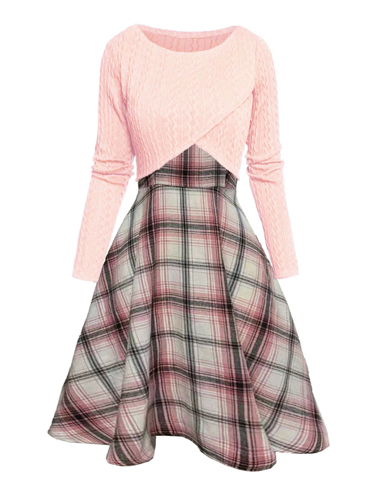 JORY™ - Vintage Round Neck Long Sleeve Crop Top and Plaid Dress