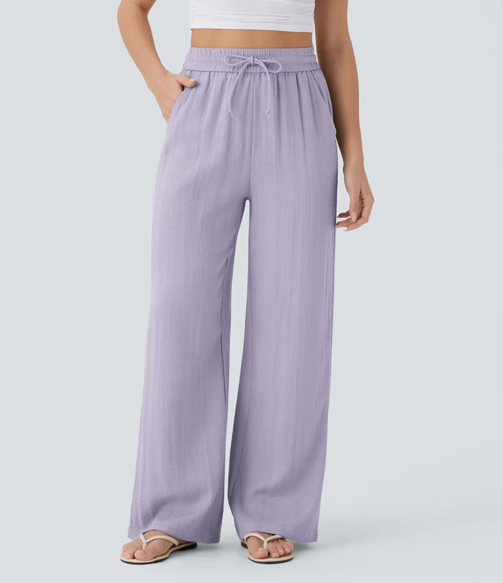 High Waisted Drawstring Pocket Wide Leg Casual Linen-Feel Pants